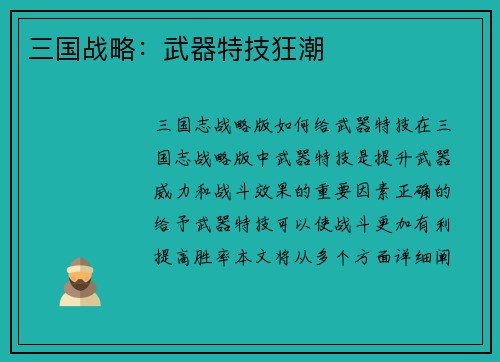 三国战略：武器特技狂潮