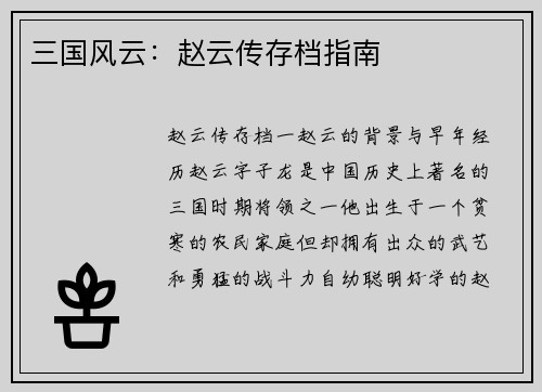 三国风云：赵云传存档指南