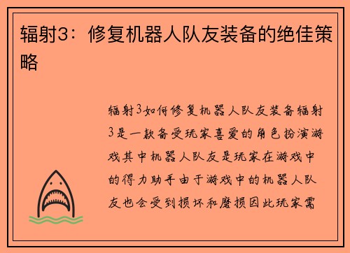 辐射3：修复机器人队友装备的绝佳策略